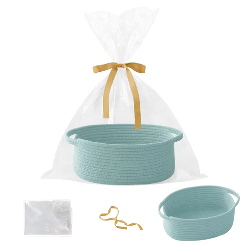 Miniatura 18 de Paquete de 2 canastas pequeñas de cuerda tejida, cesta de regalo vacía con bolsa y cintas, bonita caja organizadora con asa para cumpleaños/baby