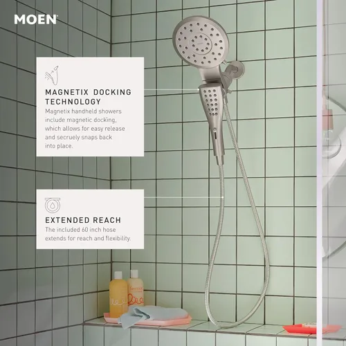 Miniatura 5 de Moen Verso Combinación de Cabezal de Ducha de Lluvia y Ducha de Mano con Dial Infiniti y Acoplamiento Magnetix, Manguera de 60 pulgadas, Níquel