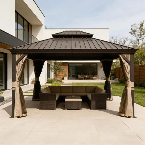 Miniatura 16 de Domi - Cenador de techo rígido de 8 x 8 pies con malla y cortinas, cenador para exteriores con techo doble de acero galvanizado para patio, césped