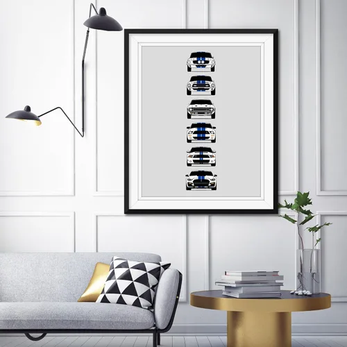 Miniatura 3 de Custom Car Posters Póster hecho a mano compatible con Shelby Mustang GT500 Generations e impresión de Ford Shelby GT500, blanco con rayas azules, 2.