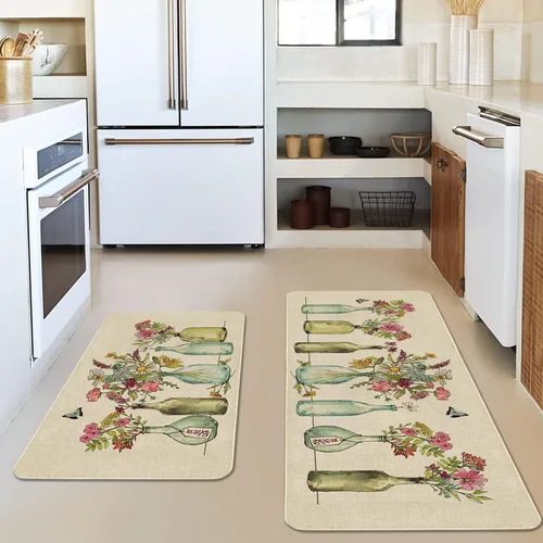 Miniatura 7 de Juego de 2 tapetes y tapetes de cocina con diseño floral de primavera, diseño floral de acuarela para piso, decoración de fregadero de cocina