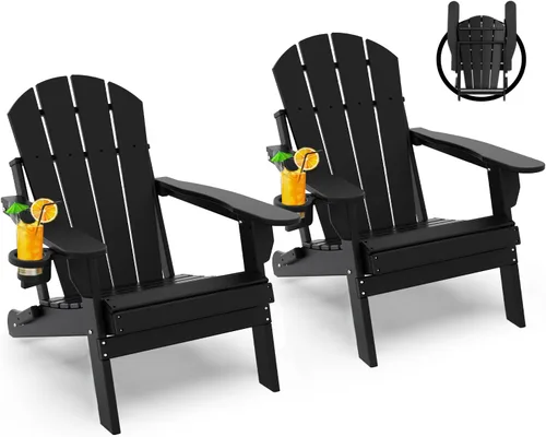 GREENVINES Juego de 2 sillas plegables Adirondack | Plástico HDPE | Silla para hoguera | Todo clima | Portavasos | Negro | para terraza, patio