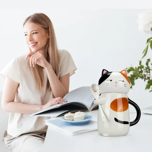 Miniatura 2 de Taza de café grande y bonita de cerámica con tapa y cuchara, divertida taza de gato para mujeres y damas, tazas de café Kawaii 3D únicas de gato