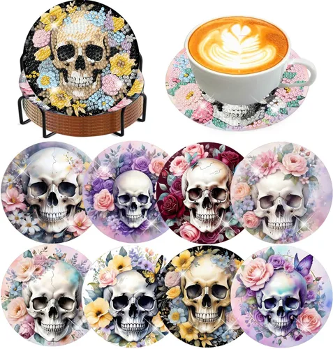 Miniatura 28 de Meothan Juego de 8 posavasos de arte de diamante para adultos con soporte, almohadillas de corcho, posavasos de arte de puntos de diamante de vidrio