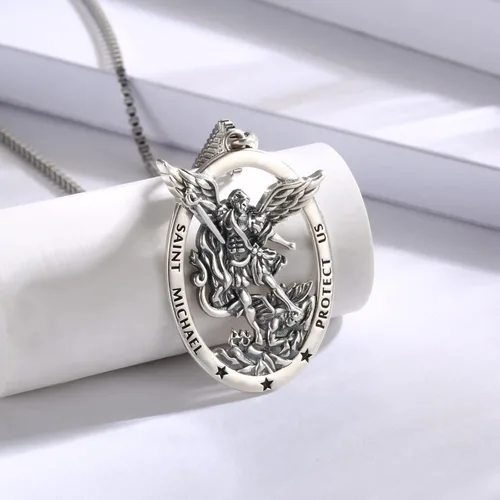 Miniatura 4 de Sterling Silver Saint Christopher Micheal Virgin Mary Necklace Women Men Medal Oval-Shaped Pendant Amulet Jewelry Gift for Teen Travelers