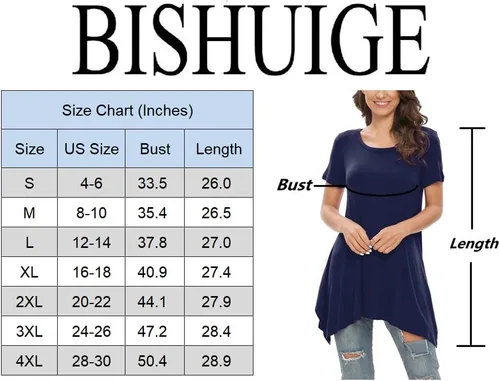 Miniatura 6 de BISHUIGE - Blusón de verano para mujer, de manga corta, con dobladillo irregular, holgada