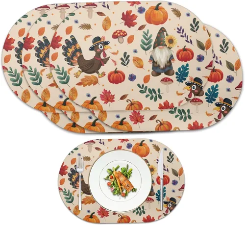 Miniatura 39 de Non Slip Placemats Set of 6 Pumpkin Mushroom Theme Waterproof Wipeable Faux Leather for Thanksgiving Family Feast Heat Resistant Dining Table Mats
