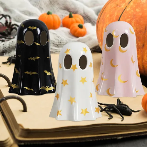 Miniatura 7 de DAZONGE Decoración de Halloween para interiores, juego de 3 fantasmas de cerámica con sombreros de bruja, bonitas figuras de fantasmas espeluznantes