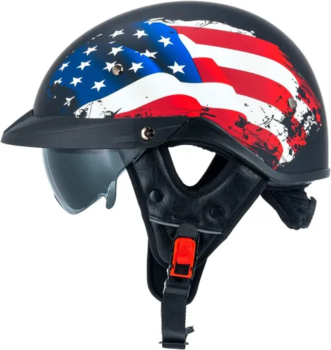 Pit Boss Casco Medio para Motocicleta para Hombres y Mujeres, Aprobación DOT, Casco Retro de Cara Media con Visera, Estilo Crucero, Ajuste Bandera