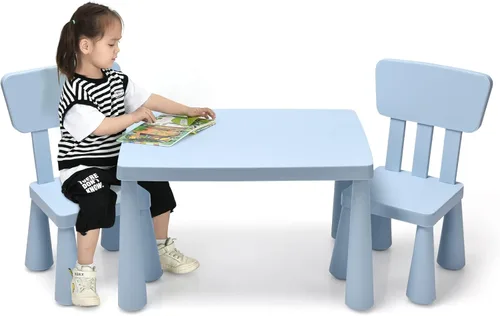 COSTWAY Juego de mesa y sillas para niños de 3 piezas, centro de actividades infantiles de plástico ligero para leer, escribir, pintar, merienda,
