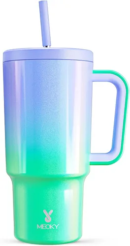 Miniatura 24 de Meoky - Vaso de 30 oz con asa, tapa y pajilla, taza de viaje térmica de acero inoxidable 100% a prueba de fugas, para portavasos, mantiene el frío