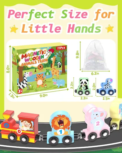Miniatura 7 de Juego de 11 piezas de tren magnético Montessori para niños pequeños, niños y niñas, animales de madera, actividades de aprendizaje preescolar