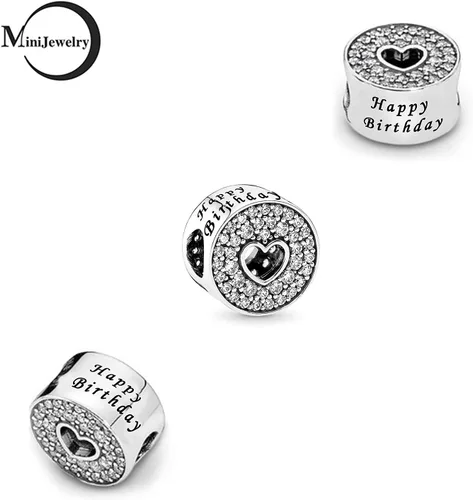 Miniatura 7 de Abalorio de feliz cumpleaños para pulseras, collares, colgantes, corazón, mujeres, hermanas, tía, nieta, celebración, familia, Metal, Circonita