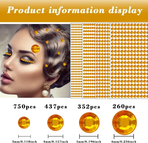 Miniatura 2 de 1799 piezas 4 hojas de pegatinas de diamantes de imitación de 3/4/5/6 mm, autoadhesivas, gemas para maquillaje de cara, ojos, cabello y cuerpo