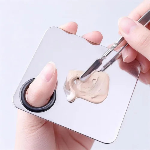Miniatura 7 de SEUNMUK Paquete de 6 paletas de cosméticos de acero inoxidable de 6 x 4 pulgadas con espátula, paleta de maquillaje de 3 pocillos, bandeja de metal