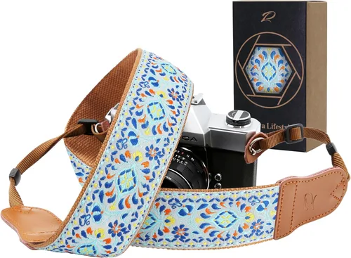 Miniatura 14 de Padwa Lifestyle Correa para cámara de flores marrones, correa de algodón de doble capa de piel de vaca de 2 pulgadas de ancho, bordado jacquard Flor