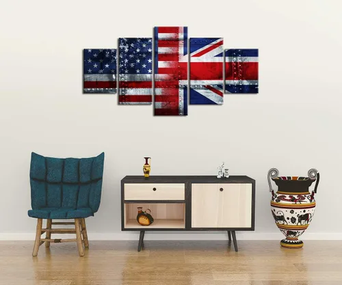 Miniatura 3 de Arte de pared de concepto patriótico, pintura de bandera estadounidense y británica, lienzo de estrellas y rayas, 5 paneles, arte moderno americano