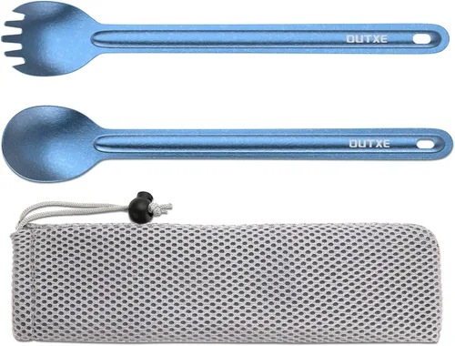 Miniatura 7 de OUTXE Spork y Cuchara de Mango Largo de Titanio, Juego de Camping de 8.7 Pulgadas