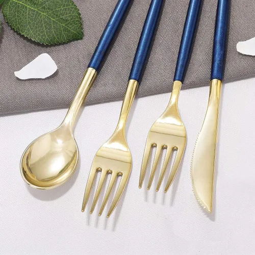 Miniatura 5 de Supernal 180 cubiertos de plástico dorado y azul, cubiertos de plástico dorado con mango de purpurina azul, cubiertos desechables para fiestas