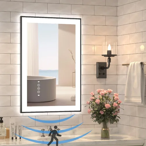 Miniatura 13 de Espejo de baño LED de 20 x 28 pulgadas con luces, espejos iluminados delanteros y traseros para montaje en pared de baño, decoración de marco negro