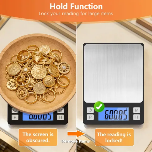Miniatura 5 de BOMATA Báscula de joyería de alta precisión de 0.00 oz, báscula digital de 35.27 oz con función de sujeción, tara y conteo, diseño pequeño