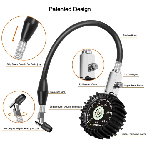 Miniatura 3 de Medidor de presión de neumáticos de baja presión ATsafepro hasta 30PSI, medidor de neumáticos mecánico de 2.5” con manguera flexible y portabrocas
