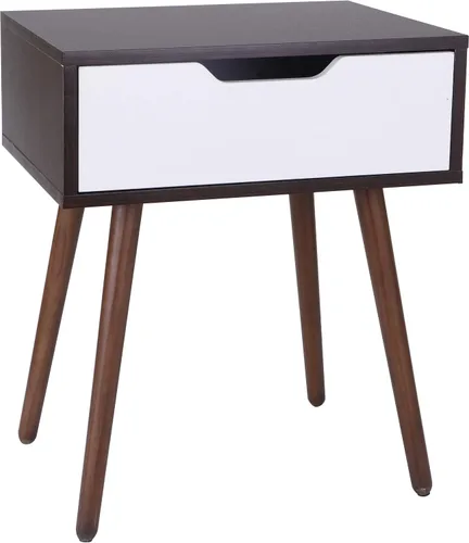 Miniatura 7 de SUPER DEAL Mesa auxiliar moderna de mediados de siglo con cajón, mesa pequeña con patas de madera, cajón deslizante y mango sonriente para espacio