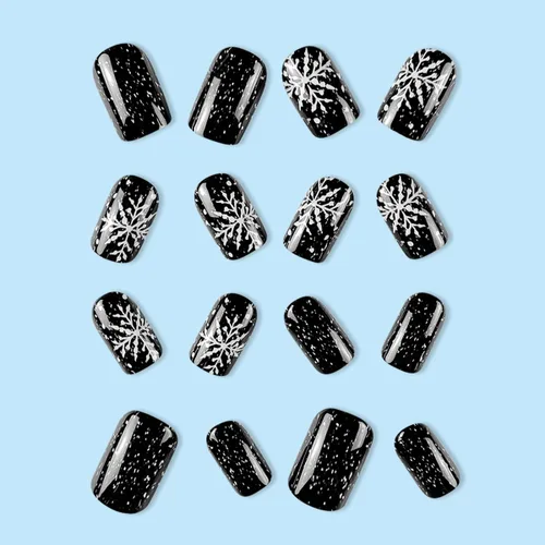 Miniatura 2 de Uñas postizas a presión con copos de nieve, uñas postizas cuadradas cortas de Navidad, uñas acrílicas negras con purpurina, kit de uñas postizas