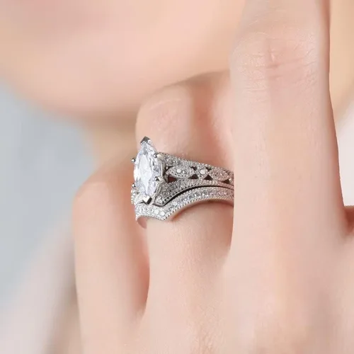 Miniatura 4 de Jeulia Juego de 2 anillos de plata de ley con corte marquesa milgrain para novia, boda, compromiso, aniversario