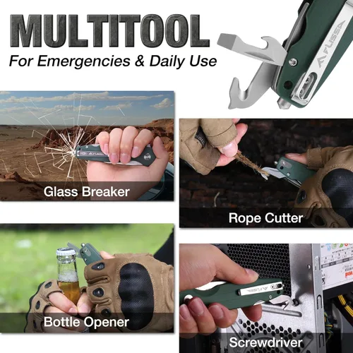 Miniatura 4 de FLISSA Cuchillo de bolsillo multiherramienta, hoja D2 de 3.3 pulgadas con mango G10, cuchillo plegable con bloqueo de revestimiento con rompedor