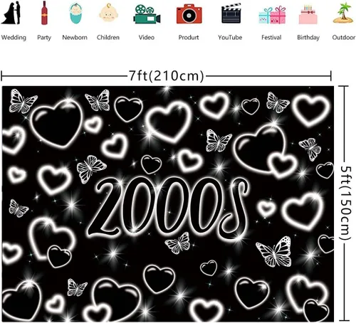 Miniatura 6 de Fondo de fotos de principios de la década de 2000 de 7 x 5 pies, fondo de corazón negro con purpurina Y2k, decoración de fiesta de moda temprana