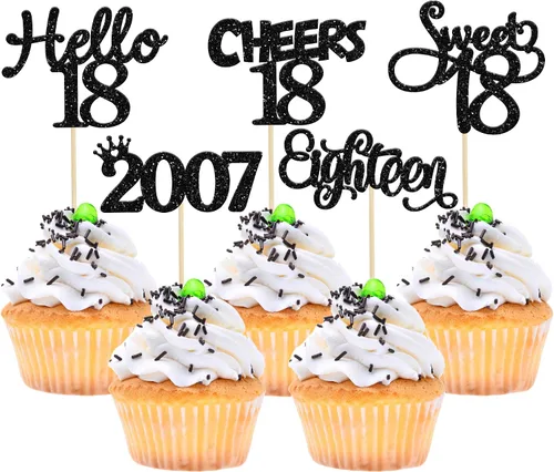 Miniatura 11 de Gyufise Paquete de 24 adornos negros para cupcakes de 10.º cumpleaños con purpurina negra 10 Ten Hello 10 Dights dobles desde 2015 para decoraciones