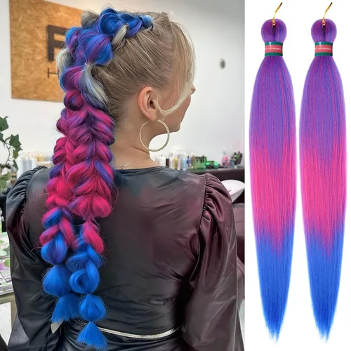 Miniatura 10 de Extensiones de cabello para trenzar verde+verde claro, preestiradas, 2 paquetes, con cabello plumoso pre-trenzado, extensiones de cabello