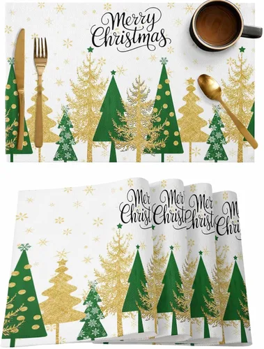 Miniatura 11 de Juego de 6 manteles individuales de bolas de Navidad para mesa de comedor, paño de lino de algodón para mesa cuadrada/rectangular/redonda