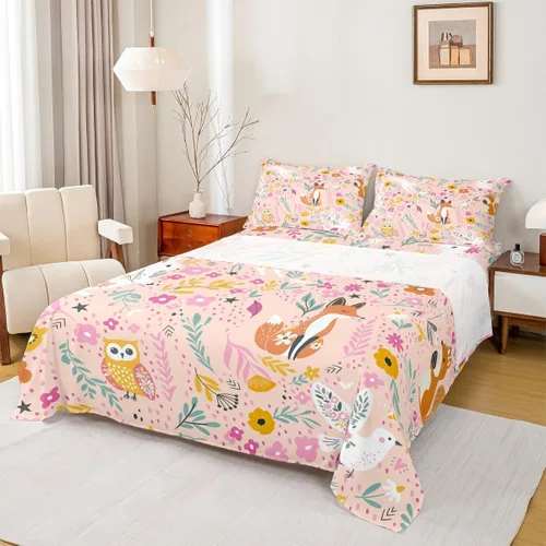 Miniatura 16 de Erosebridal Juego de sábanas de zorro con diseño de flores de arcoíris para niños y niñas, diseño de Foxtoon Animal Boho Floral Sábana bajera