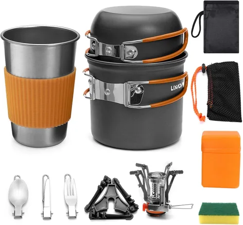 Miniatura 8 de Lixada Juego de utensilios de cocina para camping, portátil, juego de cocina para camping, al aire libre, con estufa, cuchara, tenedor, cortador
