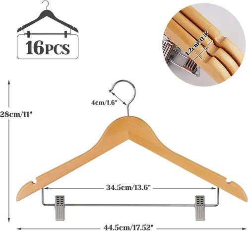 Miniatura 2 de HOUSM - Paquete de 16 perchas de madera para faldas con clips, perchas de madera maciza para pantalones, acabado natural, acabado liso, madera