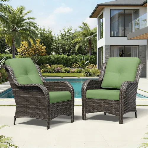 Joyside Juego de 2 sillas de mimbre para exteriores, sillas de comedor de mimbre de polietileno con cojines de asiento de 4 pulgadas (gris Verde