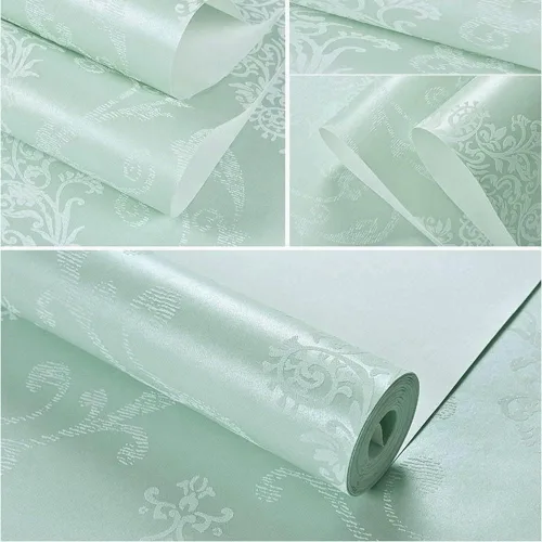 Miniatura 6 de Q QIHANG Color azul claro del rollo no tejido del papel pintado del polvo de la perla del damasco del estilo europeo 3D los 1.7 ft x 32.8 ft=5.3㎡