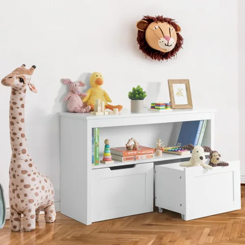 CAPHAUS Organizador de almacenamiento de juguetes con 2 cajones con ruedas, blanco, organización y almacenamiento de sala de juegos, caja de