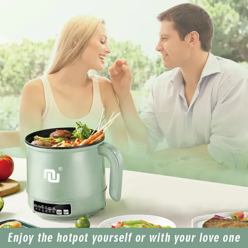 Miniatura 5 de Mini olla caliente inteligente con temporizador y apagado automático 1.2L antiadherente rápido cocina de fideos con cesta de vapor de acero