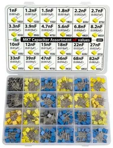 Miniatura 2 de nF Values - Kit de condensador de caja de poliéster MKT surtido 350 piezas, 24 valores 63V, todos los valores nF, 1nF, 1.2nF, 2.2nF, 2.7nF, 3.3nF