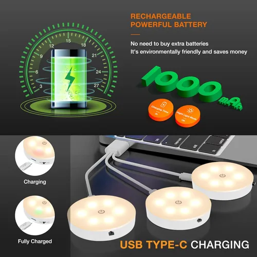 Miniatura 3 de Luces de disco con control remoto, iluminación recargable de 1000mAh para debajo del gabinete, juego de 3 luces LED para armario con encendido