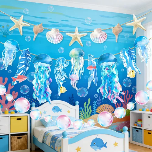 Miniatura 6 de SUNBEAUTY Guirnalda colgante de medusas de estrellas de mar con conchas de mar de 9.8 pies, guirnalda de burbujas azules para decoración