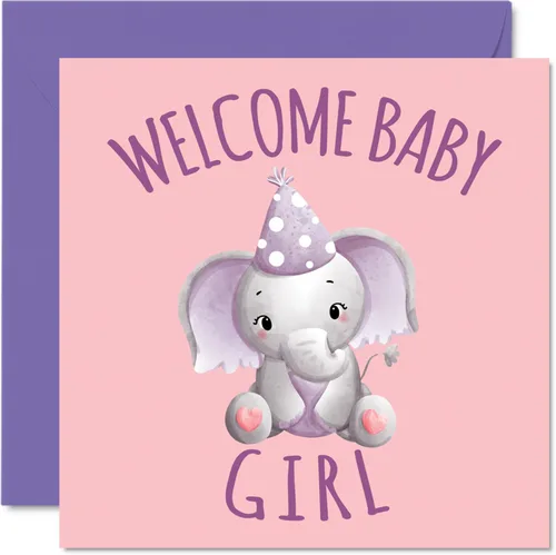Elephant New Baby Card – Welcome Baby Girl – Tarjetas de felicitación para recién nacido, bien hecho, felicitaciones para recién nacido, tarjetas de
