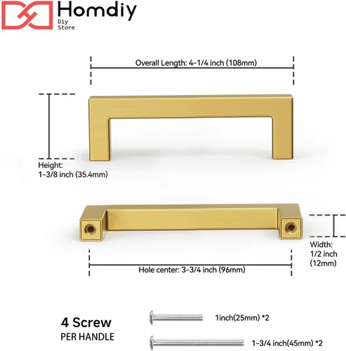 Miniatura 2 de Homdiy Paquete de 30 tiradores de bronce cepillado dorado de 3- 1/2 pulgada, cuadrados, herrajes para gabinete de cocina, armarios; 3- 1/2 pulgadas