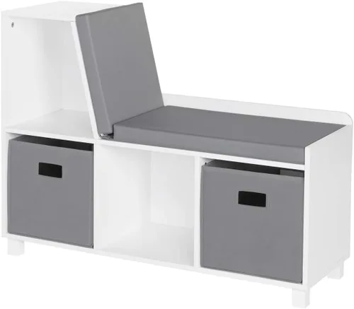RiverRidge Rincón de lectura para niños y banco de almacenamiento de cubos blancos con asiento acolchado cómodo y organizador de juguetes, color
