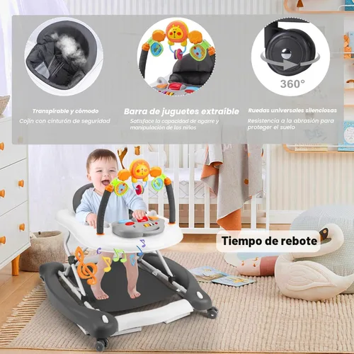 Miniatura 4 de Andador de bebé, 5 en 1 para niños y niñas de 6 a 12 meses con gorila, reposapiés extraíble, bandeja de alimentación y música, caminador de C-gris