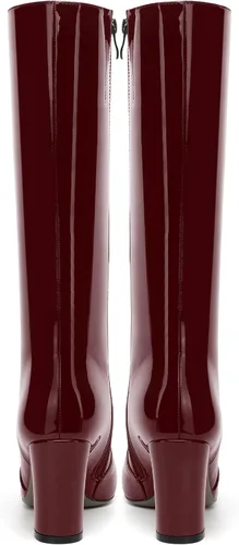 Miniatura 116 de AMBELIGHT Botas altas hasta la rodilla con cremallera y puntera puntiaguda para mujer, de patente sólida, tacón alto, 3.3 pulgadas
