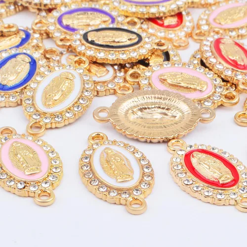 Miniatura 4 de 30 dijes de aleación esmaltados de la Virgen María, diamantes de imitación de Nuestra Señora, Medalla Milagrosa, Dijes de Crucifijo de conexión